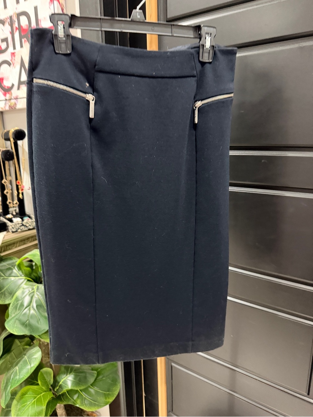 MICHAEL Michael Kors Navy Pencil Skirt with Silver Zippers